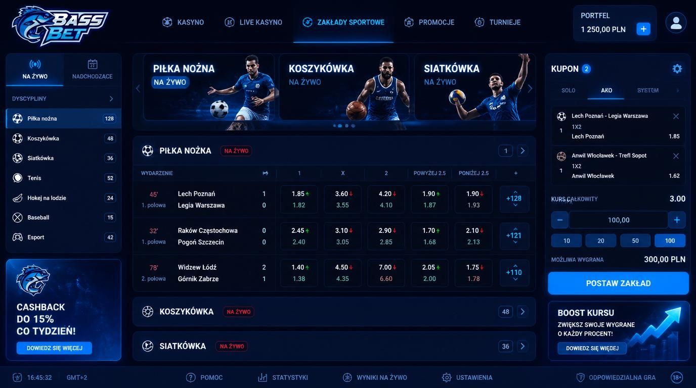 Interaktywny ekran live z kursami sportowymi zmieniającymi się w czasie
