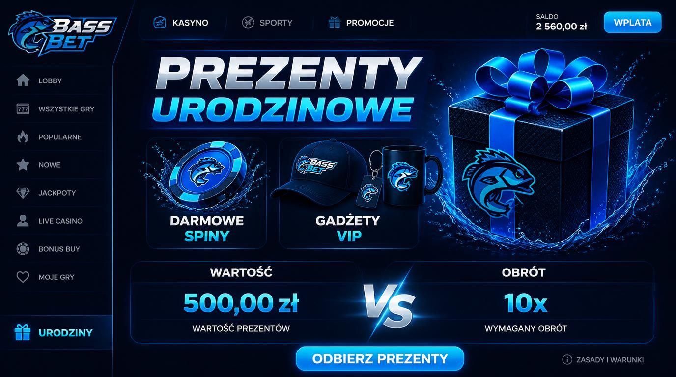 Obraz pokazujący korzyści VIP-owe, prezenty oraz spin-bonus z polskim tekstem