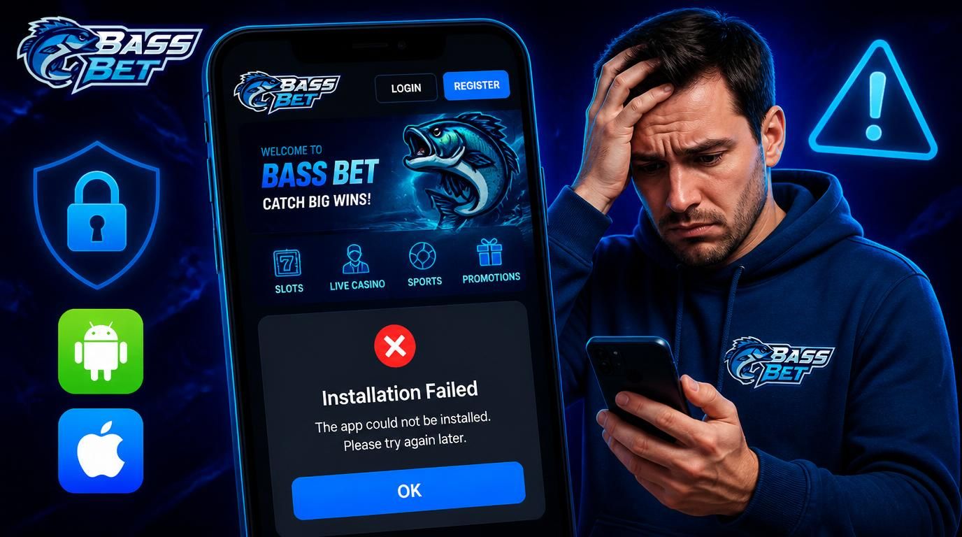 Ekran z komunikatem „Installation Failed” identyfikuje problem instalacji aplikacji BassBet Casino