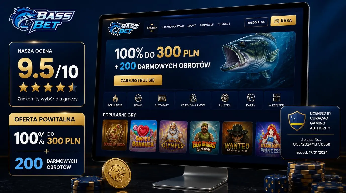 Ekran kasyna online z oceną 9,5/10, ofertą powitalną i widocznym przyciskiem przejścia do kasy