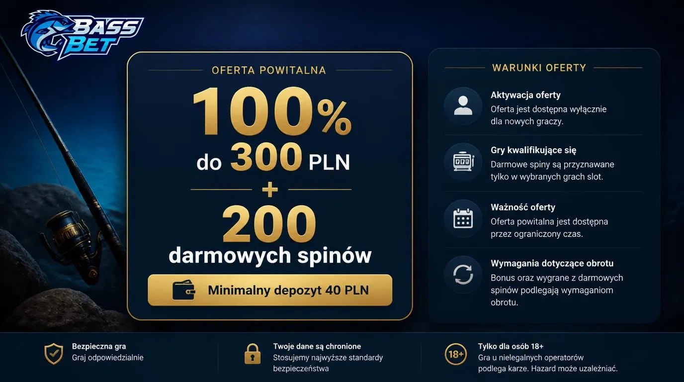 Ekran promocji powitalnej z dopłatą do 300 PLN, 200 darmowymi spinami i minimalnym depozytem 40 PLN